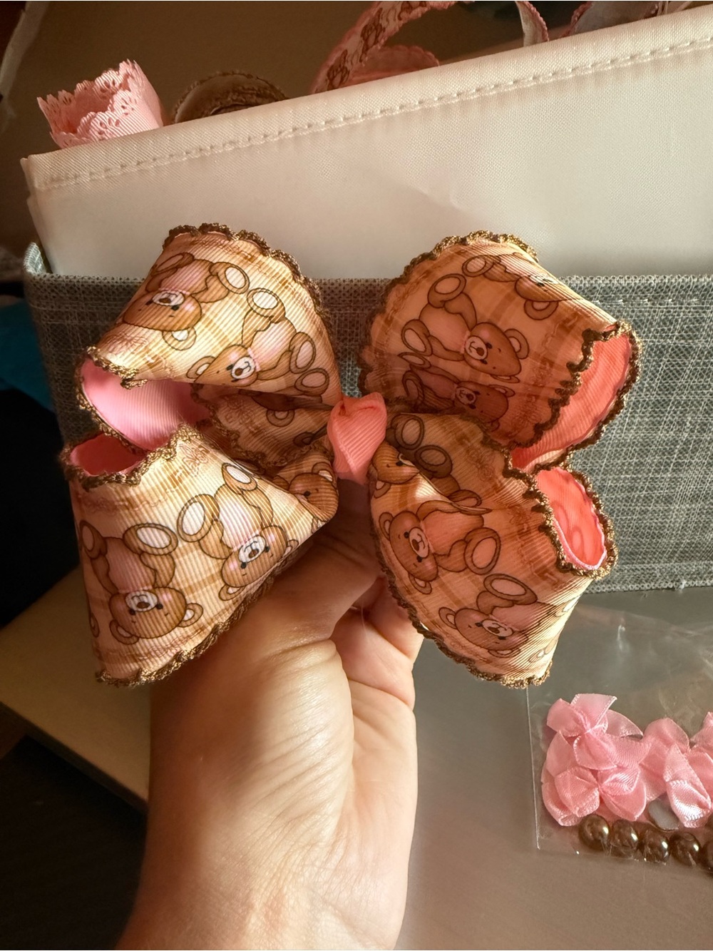 Pink Teddy Bear Ribbon Hair Bow for Kids